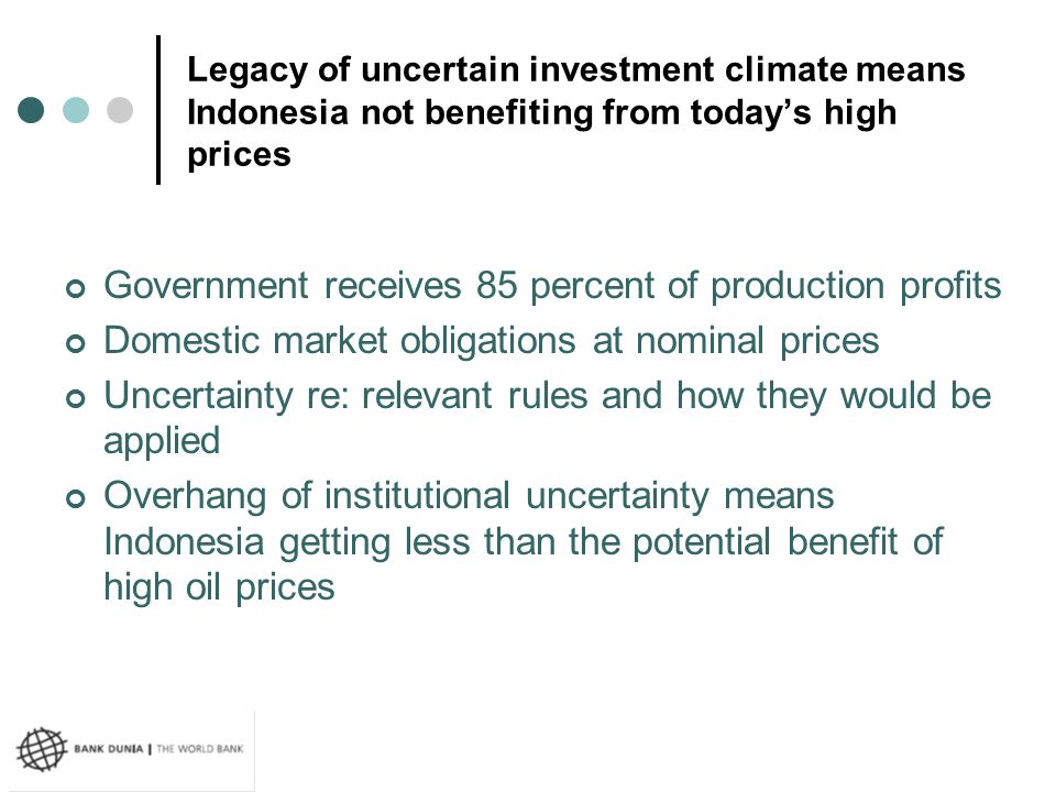Legacy of uncertain investment climate means Indonesia not benefiting from today’s high prices Government receives 85 percent of production profits Domestic market obligations at nominal prices Uncertainty re: relevant rules and how they would be applied Overhang of institutional uncertainty means Indonesia getting less than the potential benefit of high oil prices