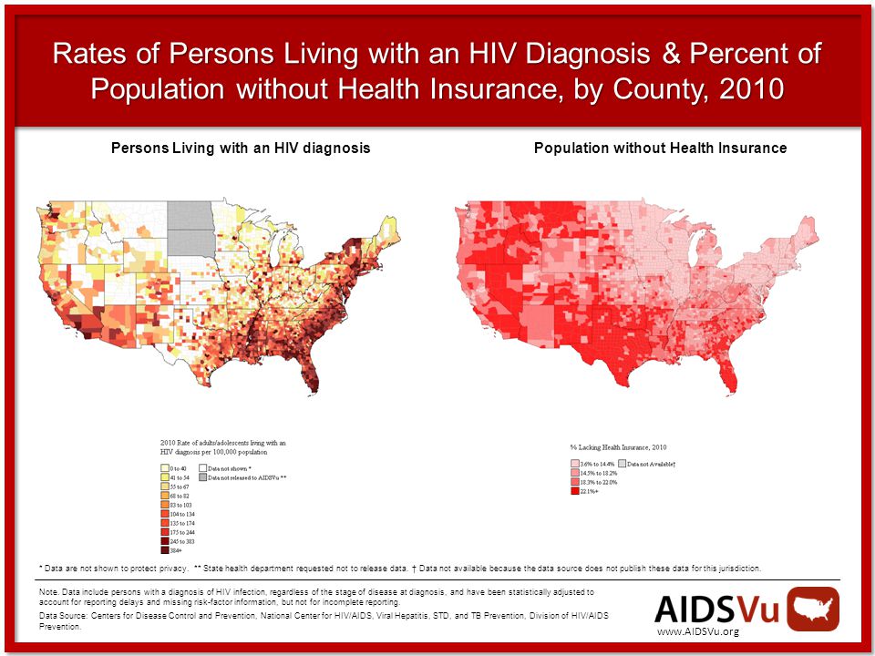 Rates of Persons Living with an HIV Diagnosis & Percent of Population without Health Insurance, by County, 2010 Note.