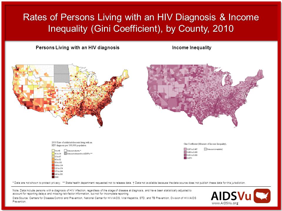 Rates of Persons Living with an HIV Diagnosis & Income Inequality (Gini Coefficient), by County, 2010 Note.