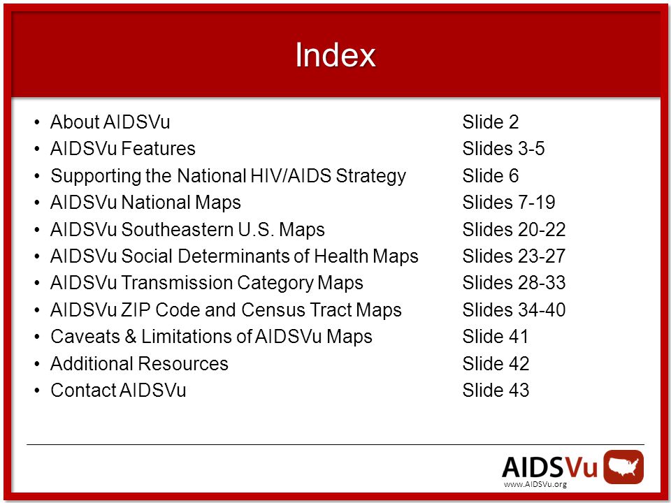 Index About AIDSVuSlide 2 AIDSVu FeaturesSlides 3-5 Supporting the National HIV/AIDS StrategySlide 6 AIDSVu National MapsSlides 7-19 AIDSVu Southeastern U.S.