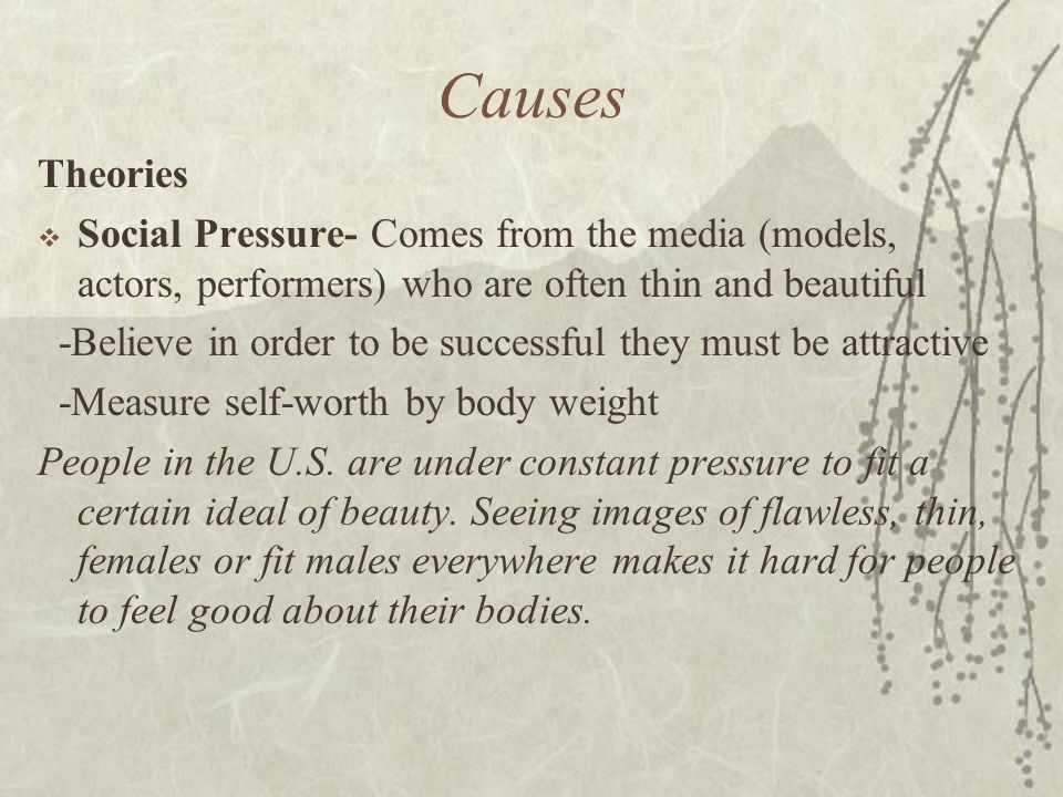 Causes Theories  Social Pressure- Comes from the media (models, actors, performers) who are often thin and beautiful -Believe in order to be successful they must be attractive -Measure self-worth by body weight People in the U.S.