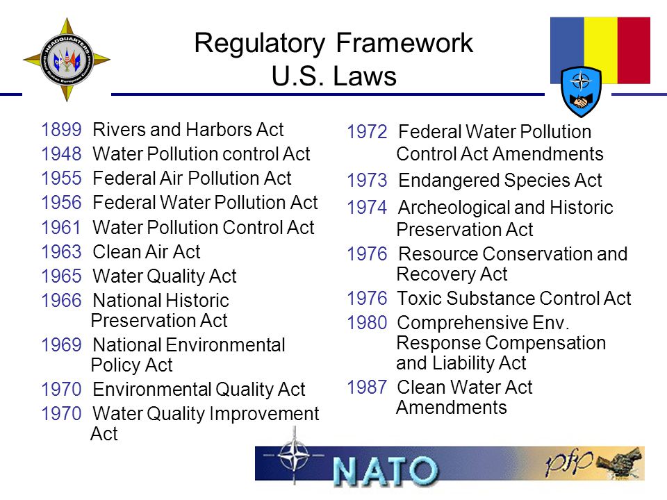 1899 Rivers and Harbors Act 1948 Water Pollution control Act 1955 Federal Air Pollution Act 1956 Federal Water Pollution Act 1961 Water Pollution Control Act 1963 Clean Air Act 1965 Water Quality Act 1966 National Historic Preservation Act 1969 National Environmental Policy Act 1970 Environmental Quality Act 1970 Water Quality Improvement Act 1972 Federal Water Pollution Control Act Amendments 1973 Endangered Species Act 1974 Archeological and Historic Preservation Act 1976 Resource Conservation and Recovery Act 1976 Toxic Substance Control Act 1980 Comprehensive Env.