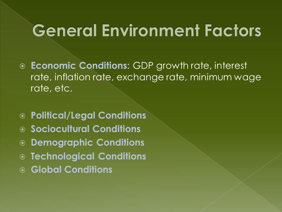  Economic Conditions: GDP growth rate, interest rate, inflation rate, exchange rate, minimum wage rate, etc.