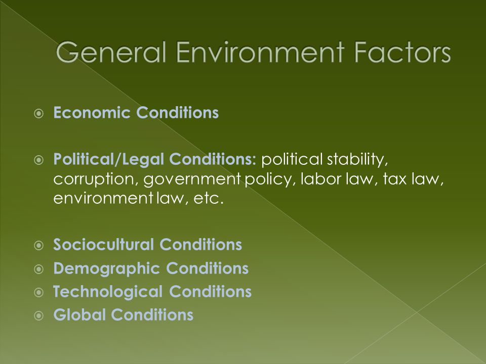  Economic Conditions  Political/Legal Conditions: political stability, corruption, government policy, labor law, tax law, environment law, etc.