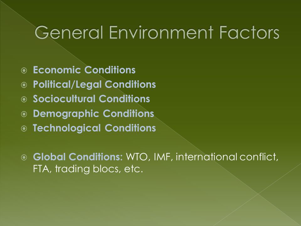  Economic Conditions  Political/Legal Conditions  Sociocultural Conditions  Demographic Conditions  Technological Conditions  Global Conditions: WTO, IMF, international conflict, FTA, trading blocs, etc.