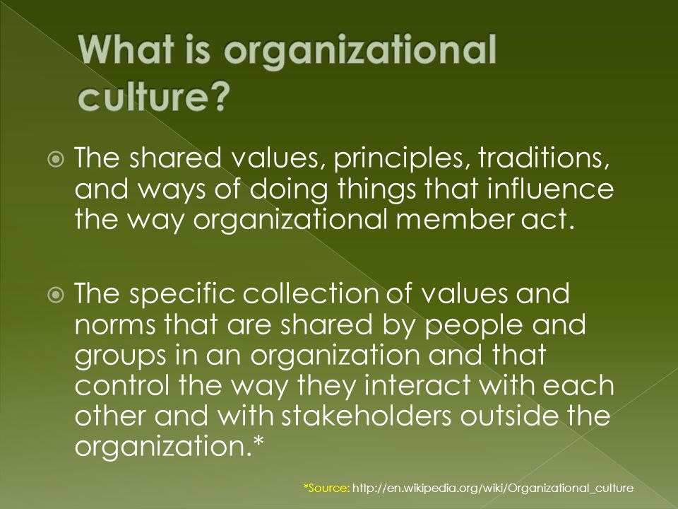  The shared values, principles, traditions, and ways of doing things that influence the way organizational member act.