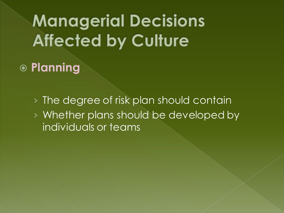  Planning › The degree of risk plan should contain › Whether plans should be developed by individuals or teams
