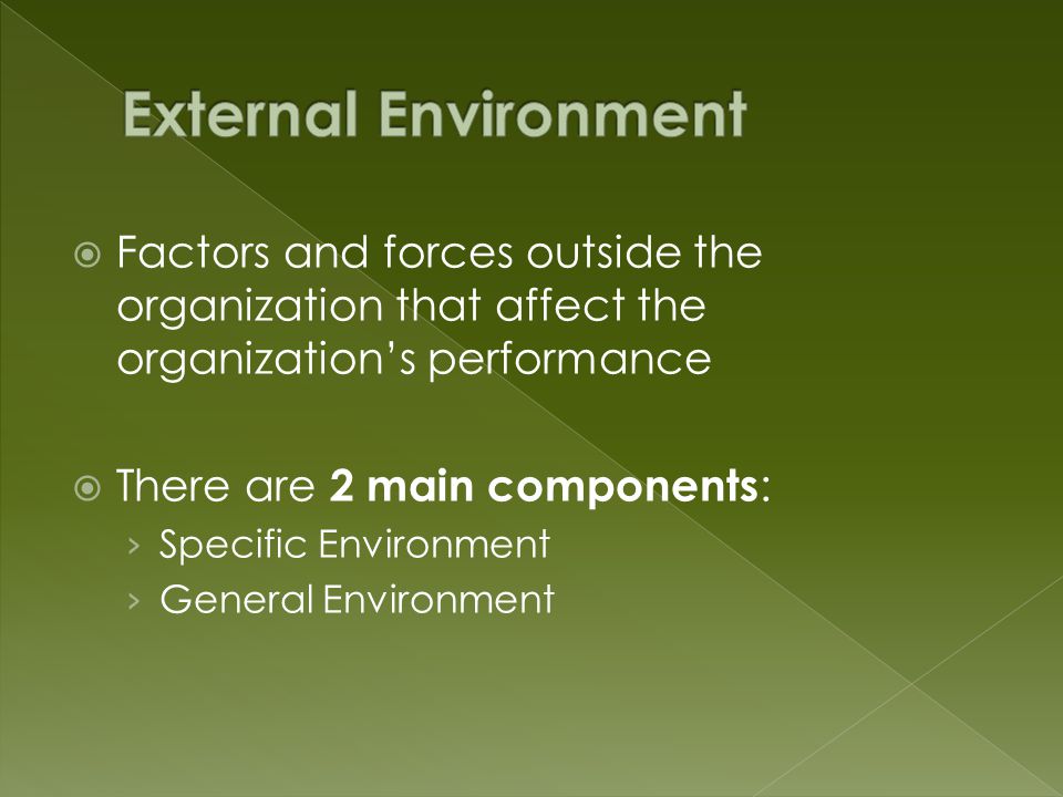  Factors and forces outside the organization that affect the organization’s performance  There are 2 main components : › Specific Environment › General Environment