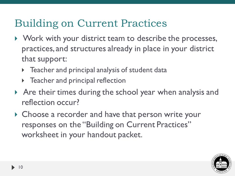  Work with your district team to describe the processes, practices, and structures already in place in your district that support:  Teacher and principal analysis of student data  Teacher and principal reflection  Are their times during the school year when analysis and reflection occur.