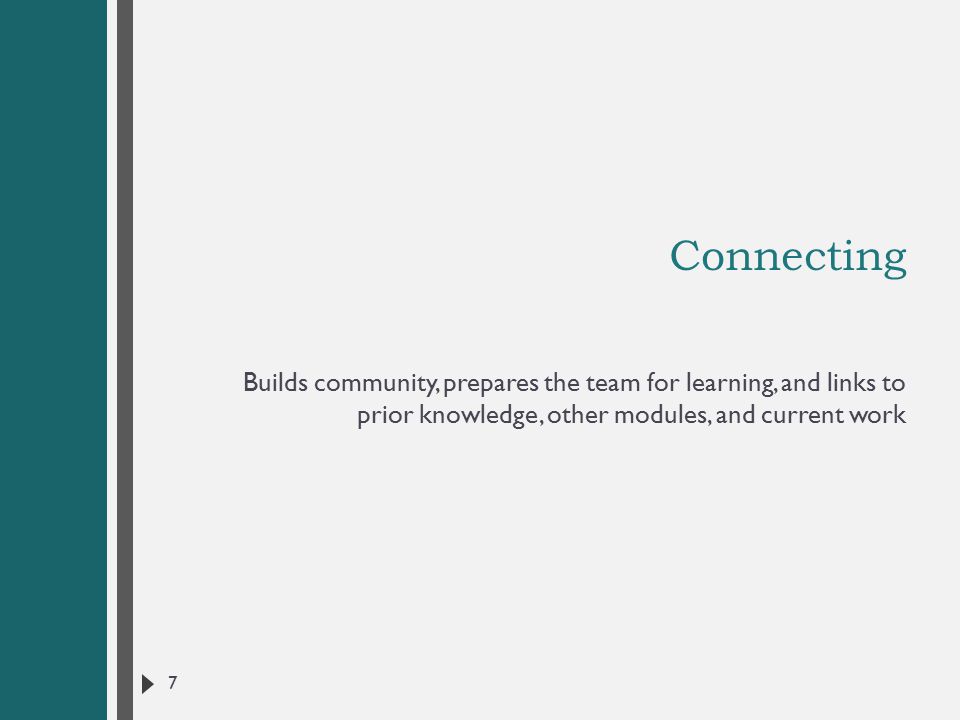 Connecting Builds community, prepares the team for learning, and links to prior knowledge, other modules, and current work 7