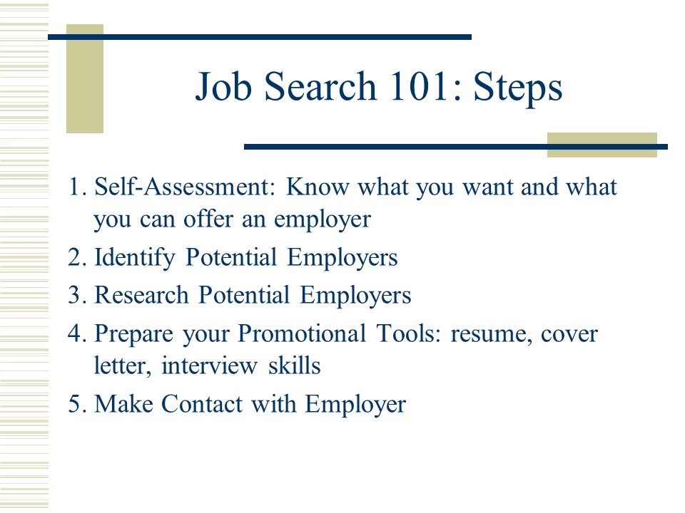 Job Search 101: Steps 1. Self-Assessment: Know what you want and what you can offer an employer 2.