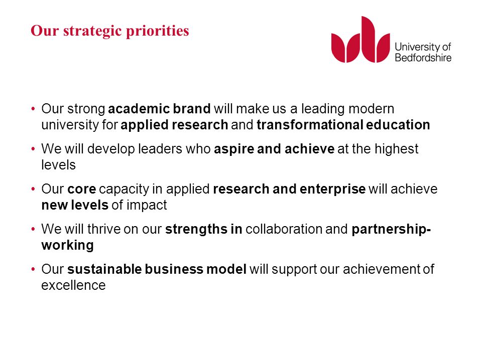 Our strategic priorities Our strong academic brand will make us a leading modern university for applied research and transformational education We will develop leaders who aspire and achieve at the highest levels Our core capacity in applied research and enterprise will achieve new levels of impact We will thrive on our strengths in collaboration and partnership- working Our sustainable business model will support our achievement of excellence