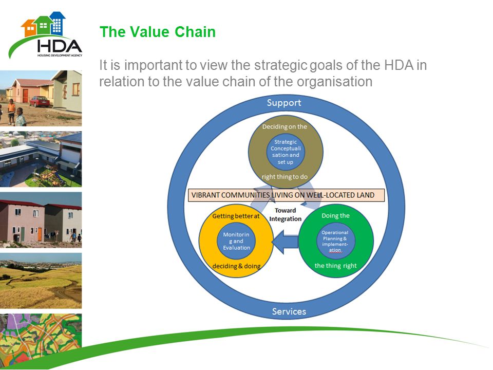 The Value Chain It is important to view the strategic goals of the HDA in relation to the value chain of the organisation Service s