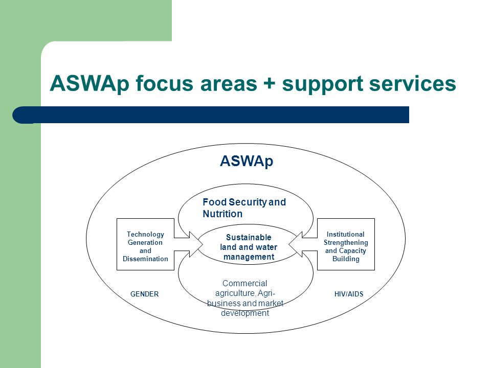 ASWAp focus areas + support services Food Security and Nutrition Commercial agriculture, Agri- business and market development Sustainable land and water management Institutional Strengthening and Capacity Building Technology Generation and Dissemination ASWAp HIV/AIDSGENDER