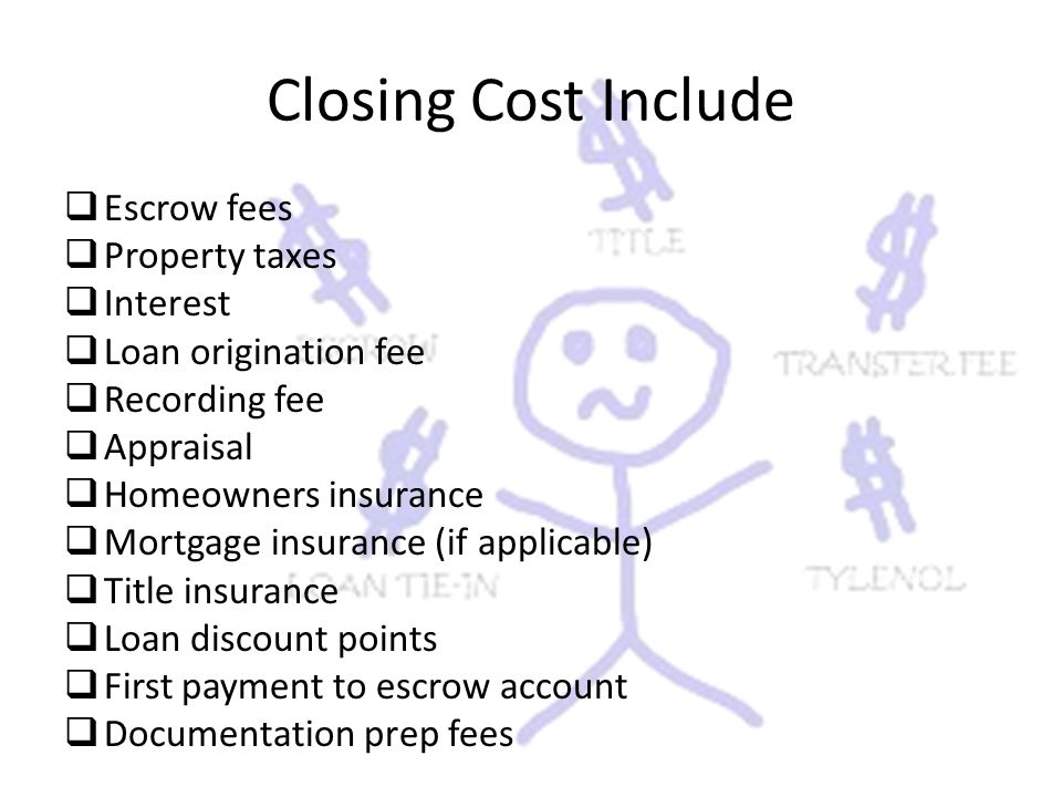Closing Cost Include  Escrow fees  Property taxes  Interest  Loan origination fee  Recording fee  Appraisal  Homeowners insurance  Mortgage insurance (if applicable)  Title insurance  Loan discount points  First payment to escrow account  Documentation prep fees