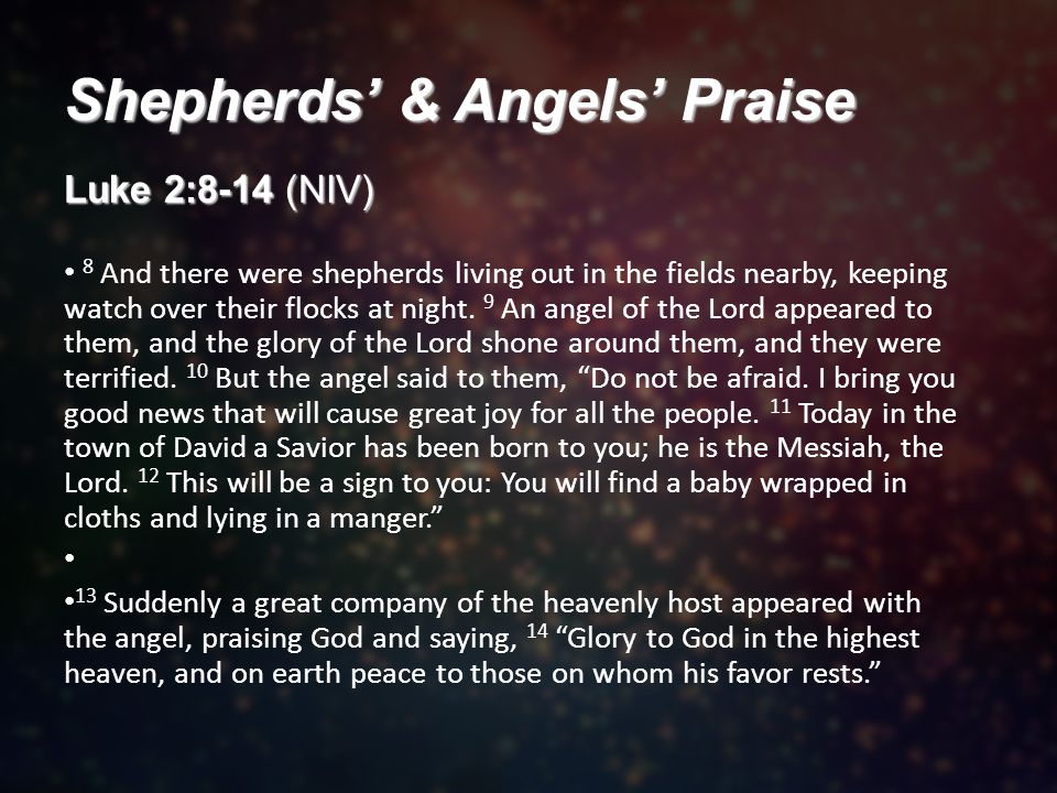 Shepherds’ & Angels’ Praise Luke 2:8-14 (NIV) 8 And there were shepherds living out in the fields nearby, keeping watch over their flocks at night.