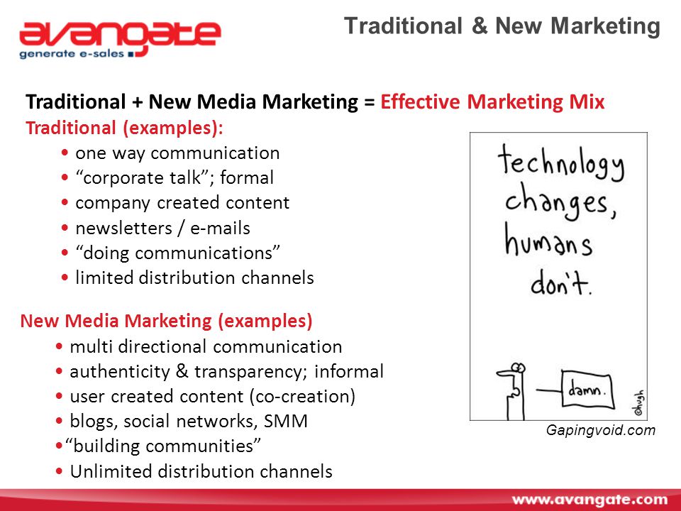 Traditional & New Marketing Traditional + New Media Marketing = Effective Marketing Mix Traditional (examples): one way communication corporate talk ; formal company created content newsletters /  s doing communications limited distribution channels New Media Marketing (examples) multi directional communication authenticity & transparency; informal user created content (co-creation) blogs, social networks, SMM building communities Unlimited distribution channels Gapingvoid.com