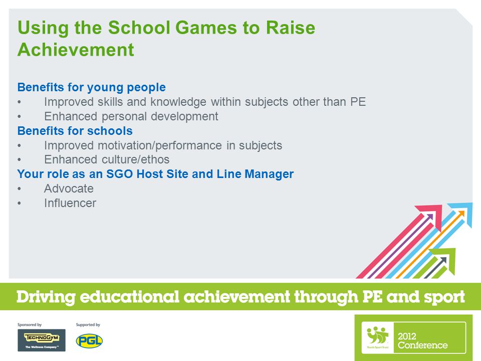 Using the School Games to Raise Achievement Benefits for young people Improved skills and knowledge within subjects other than PE Enhanced personal development Benefits for schools Improved motivation/performance in subjects Enhanced culture/ethos Your role as an SGO Host Site and Line Manager Advocate Influencer