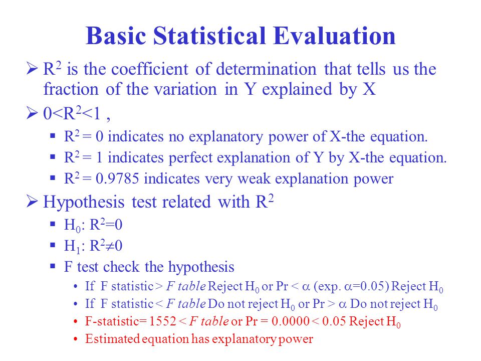 Basic Statistical Evaluation  R 2 is the coefficient of determination that tells us the fraction of the variation in Y explained by X  0<R 2 <1,  R 2 = 0 indicates no explanatory power of X-the equation.