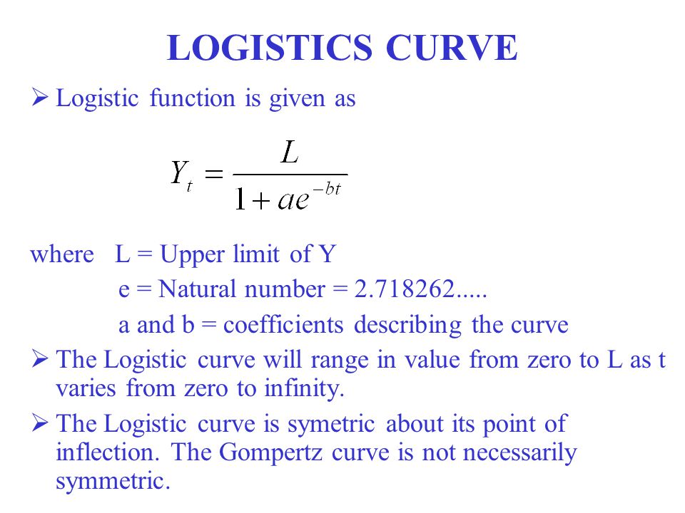 LOGISTICS CURVE  Logistic function is given as where L = Upper limit of Y e = Natural number =