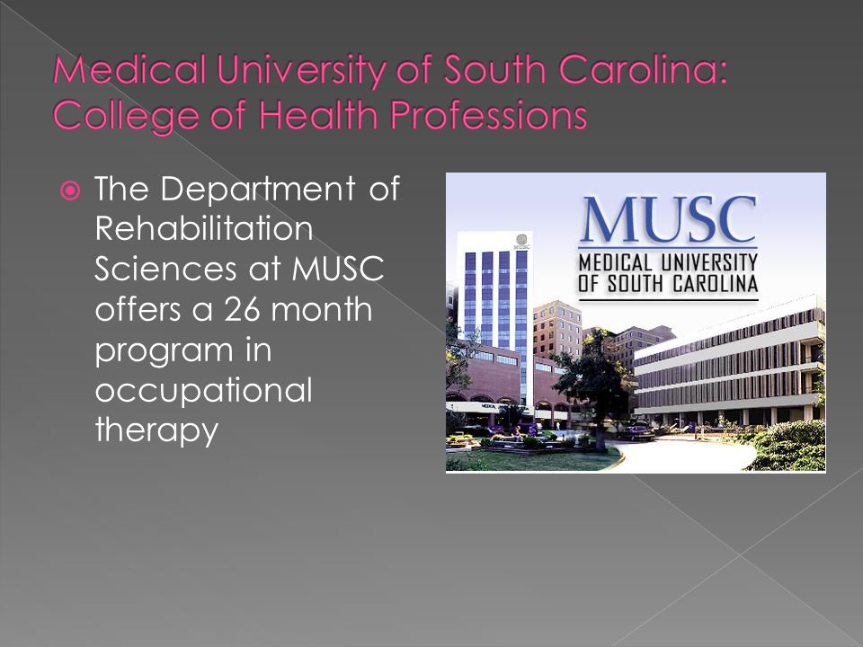  The Department of Rehabilitation Sciences at MUSC offers a 26 month program in occupational therapy