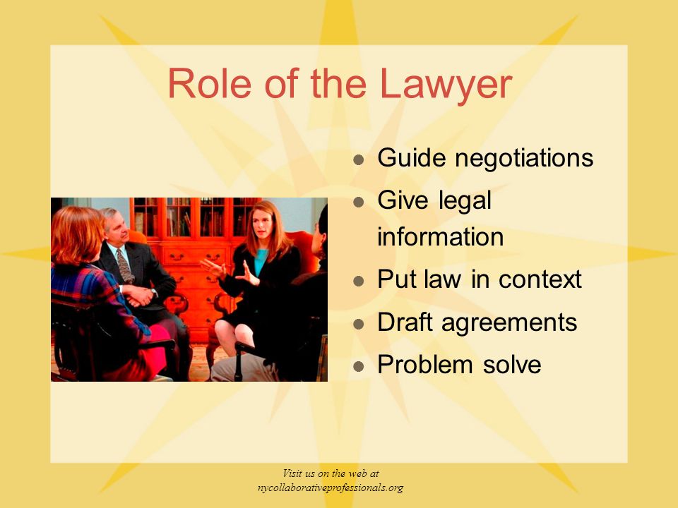 Visit us on the web at nycollaborativeprofessionals.org Role of the Lawyer Guide negotiations Give legal information Put law in context Draft agreements Problem solve