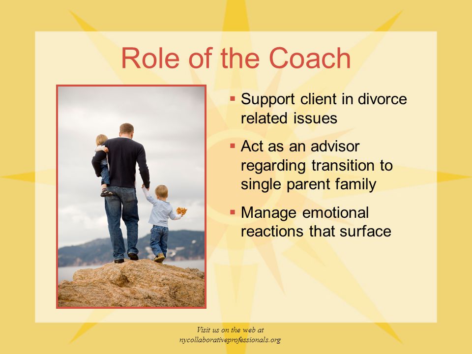 Visit us on the web at nycollaborativeprofessionals.org Role of the Coach  Support client in divorce related issues  Act as an advisor regarding transition to single parent family  Manage emotional reactions that surface