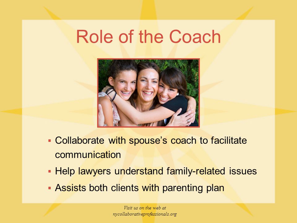 Visit us on the web at nycollaborativeprofessionals.org Role of the Coach  Collaborate with spouse’s coach to facilitate communication  Help lawyers understand family-related issues  Assists both clients with parenting plan