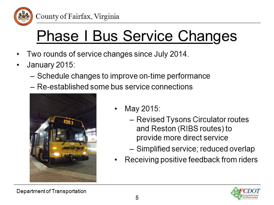 County of Fairfax, Virginia Phase I Bus Service Changes Two rounds of service changes since July 2014.