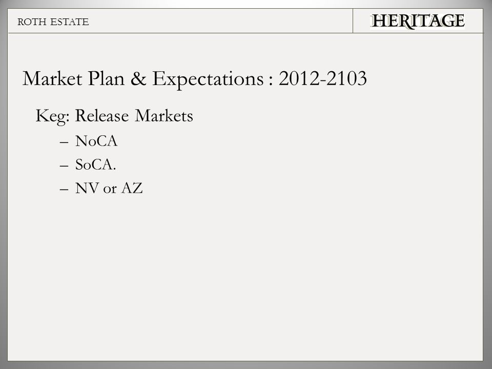 ROTH ESTATE Keg: Release Markets –NoCA –SoCA. –NV or AZ Market Plan & Expectations :