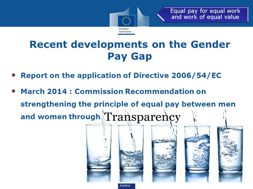 Recent developments on the Gender Pay Gap Report on the application of Directive 2006/54/EC March 2014 : Commission Recommendation on strengthening the principle of equal pay between men and women through y Equal pay for equal work and work of equal value