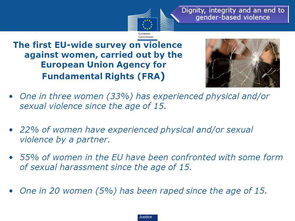 The first EU-wide survey on violence against women, carried out by the European Union Agency for Fundamental Rights (FRA ) One in three women (33%) has experienced physical and/or sexual violence since the age of 15.