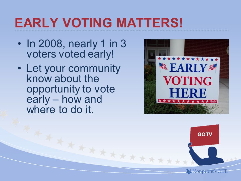 EARLY VOTING MATTERS. In 2008, nearly 1 in 3 voters voted early.