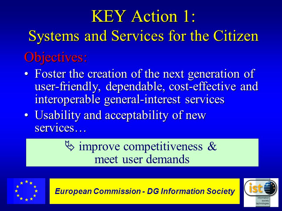 European Commission DGXIII-IST - 1 European Commission - DG Information Society KEY Action 1: Systems and Services for the Citizen Objectives: Foster the creation of the next generation of user-friendly, dependable, cost-effective and interoperable general-interest servicesFoster the creation of the next generation of user-friendly, dependable, cost-effective and interoperable general-interest services Usability and acceptability of new services…Usability and acceptability of new services…  improve competitiveness & meet user demands