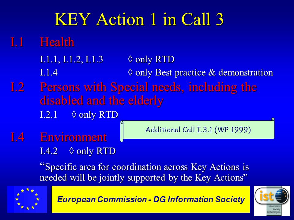 European Commission DGXIII-IST - 3 European Commission - DG Information Society KEY Action 1 in Call 3 I.1Health I.1.1, I.1.2, I.1.3  only RTD I.1.4  only Best practice & demonstration I.2 Persons with Special needs, including the disabled and the elderly I.2.1  only RTD I.4Environment I.4.2  only RTD Specific area for coordination across Key Actions is needed will be jointly supported by the Key Actions Additional Call I.3.1 (WP 1999)