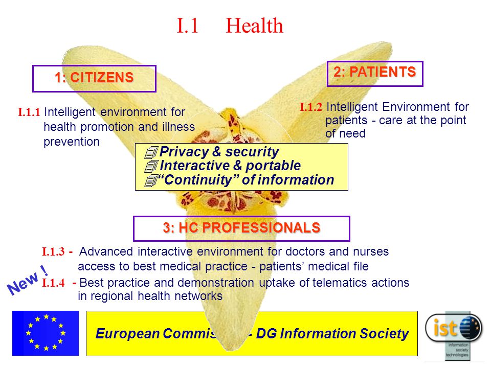 European Commission DGXIII-IST - 4 European Commission - DG Information Society 2: PATIENTS 1: CITIZENS I Advanced interactive environment for doctors and nurses access to best medical practice - patients’ medical file I.1.2 Intelligent Environment for patients - care at the point of need 3: HC PROFESSIONALS I.1Health I.1.1 Intelligent environment for health promotion and illness prevention I Best practice and demonstration uptake of telematics actions in regional health networks New .