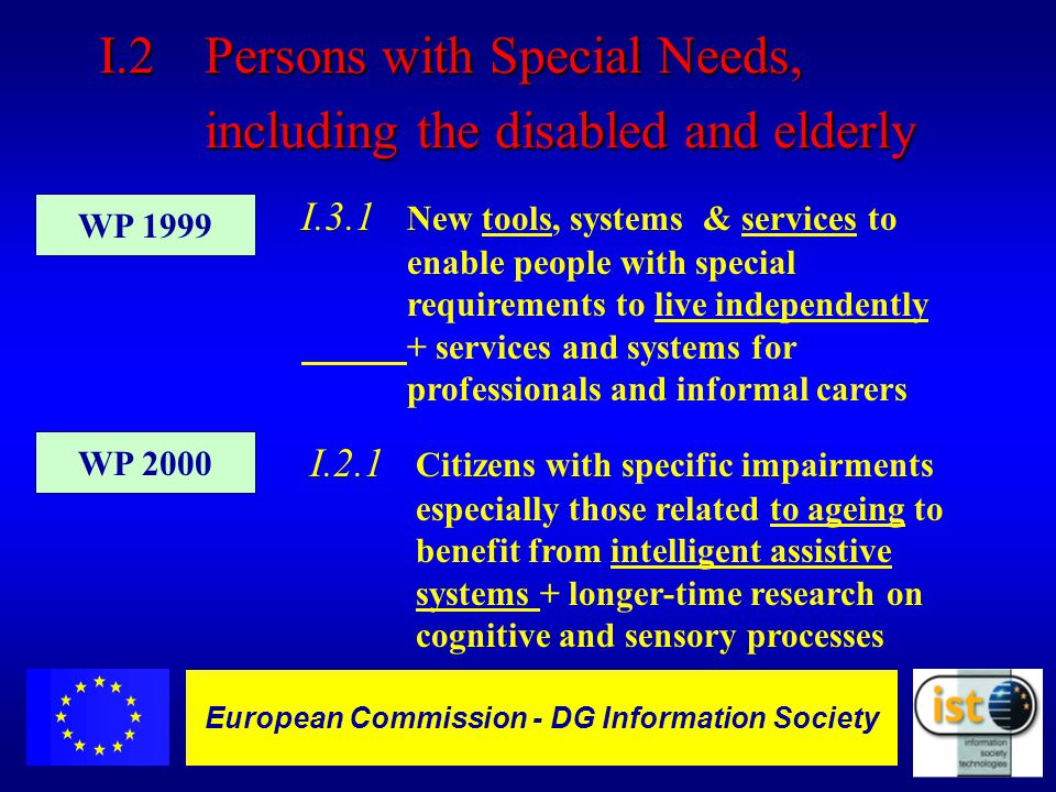 European Commission DGXIII-IST - 8 European Commission - DG Information Society I.2Persons with Special Needs, including the disabled and elderly WP 2000 WP 1999 I.3.1 New tools, systems & services to enable people with special requirements to live independently + services and systems for professionals and informal carers I.2.1 Citizens with specific impairments especially those related to ageing to benefit from intelligent assistive systems + longer-time research on cognitive and sensory processes