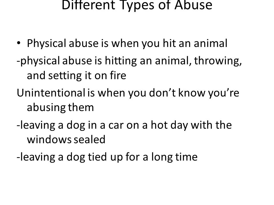 Different Types of Abuse Physical abuse is when you hit an animal -physical abuse is hitting an animal, throwing, and setting it on fire Unintentional is when you don’t know you’re abusing them -leaving a dog in a car on a hot day with the windows sealed -leaving a dog tied up for a long time
