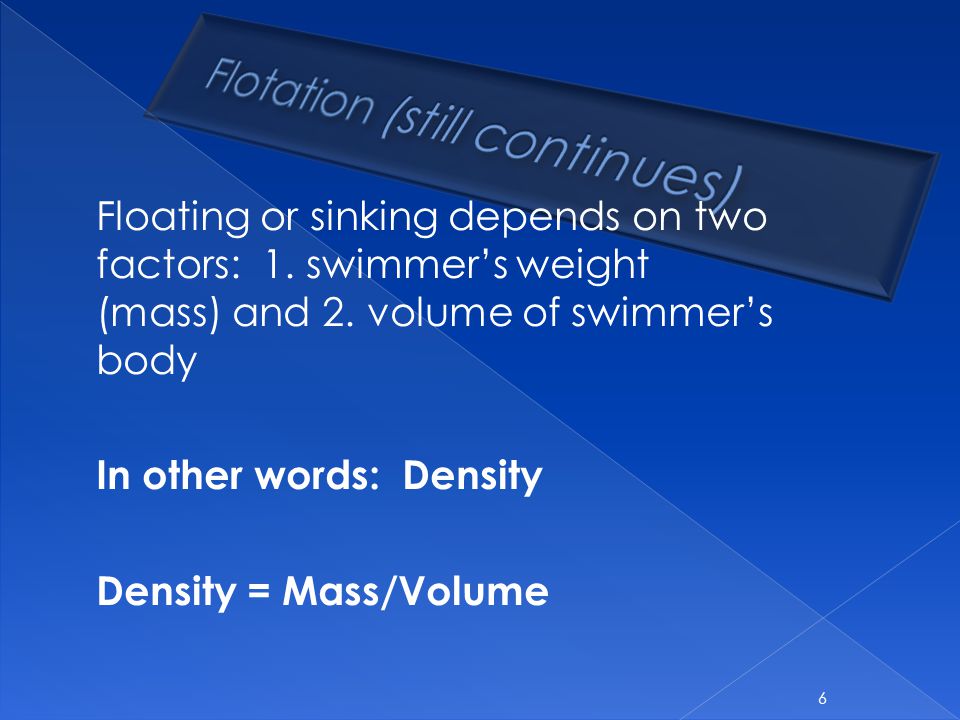 Floating or sinking depends on two factors: 1. swimmer’s weight (mass) and 2.