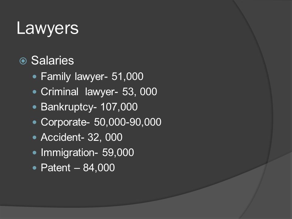 Lawyers  Salaries Family lawyer- 51,000 Criminal lawyer- 53, 000 Bankruptcy- 107,000 Corporate- 50,000-90,000 Accident- 32, 000 Immigration- 59,000 Patent – 84,000