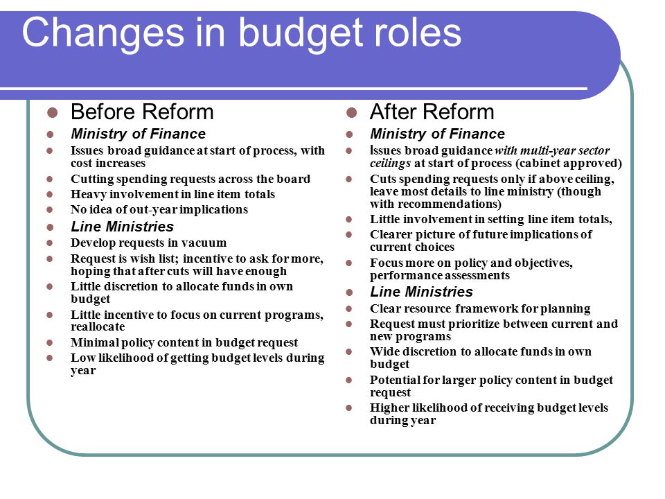Changes in budget roles Before Reform Ministry of Finance Issues broad guidance at start of process, with cost increases Cutting spending requests across the board Heavy involvement in line item totals No idea of out-year implications Line Ministries Develop requests in vacuum Request is wish list; incentive to ask for more, hoping that after cuts will have enough Little discretion to allocate funds in own budget Little incentive to focus on current programs, reallocate Minimal policy content in budget request Low likelihood of getting budget levels during year After Reform Ministry of Finance I ssues broad guidance with multi-year sector ceilings at start of process (cabinet approved) Cuts spending requests only if above ceiling, leave most details to line ministry (though with recommendations) Little involvement in setting line item totals, Clearer picture of future implications of current choices Focus more on policy and objectives, performance assessments Line Ministries Clear resource framework for planning Request must prioritize between current and new programs Wide discretion to allocate funds in own budget Potential for larger policy content in budget request Higher likelihood of receiving budget levels during year