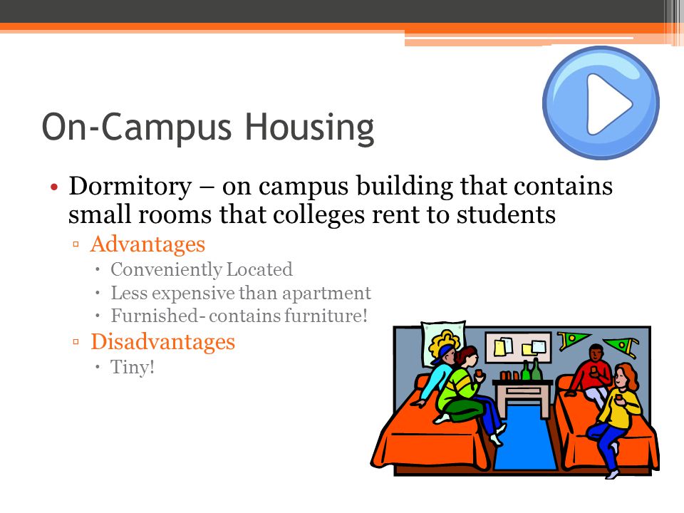 On-Campus Housing Dormitory – on campus building that contains small rooms that colleges rent to students ▫Advantages  Conveniently Located  Less expensive than apartment  Furnished- contains furniture.