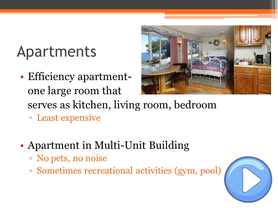 Apartments Efficiency apartment- one large room that serves as kitchen, living room, bedroom ▫Least expensive Apartment in Multi-Unit Building ▫No pets, no noise ▫Sometimes recreational activities (gym, pool)