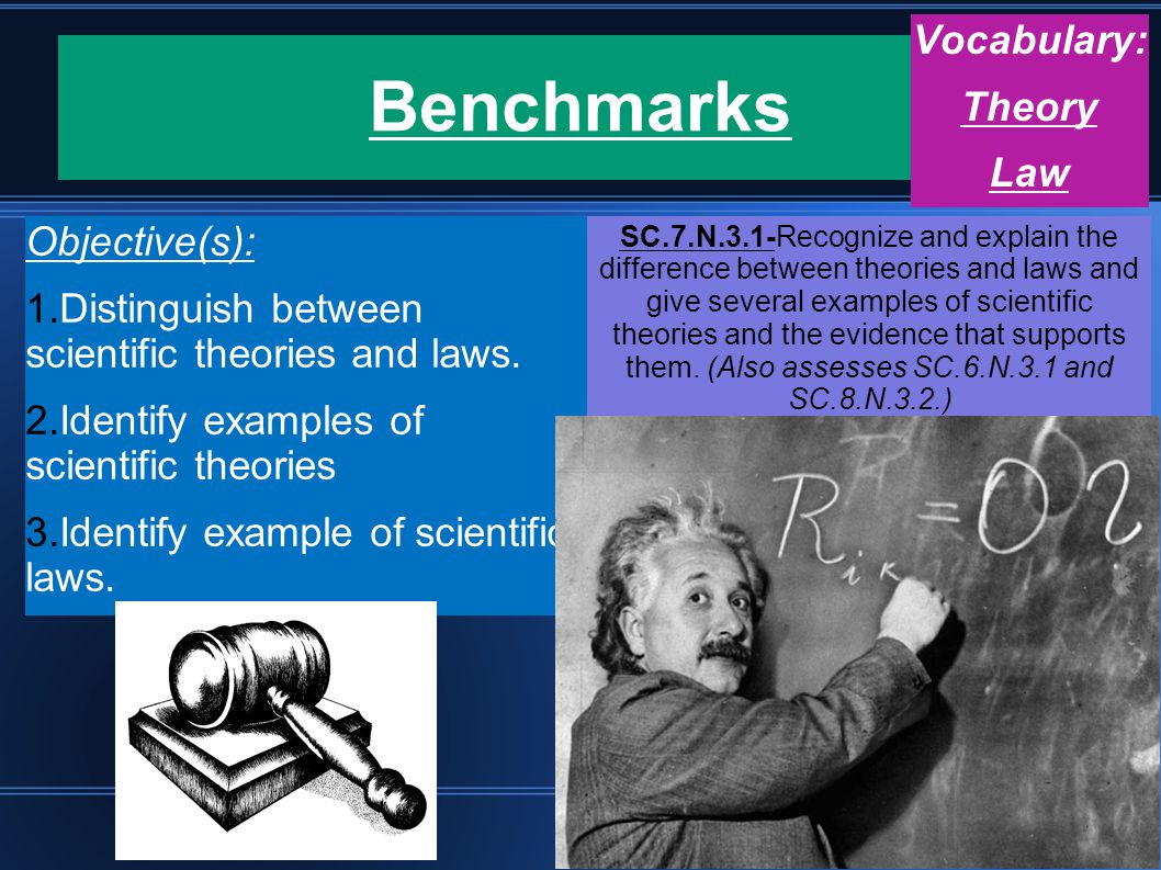 Benchmarks Objective(s): 1.Distinguish between scientific theories and laws.