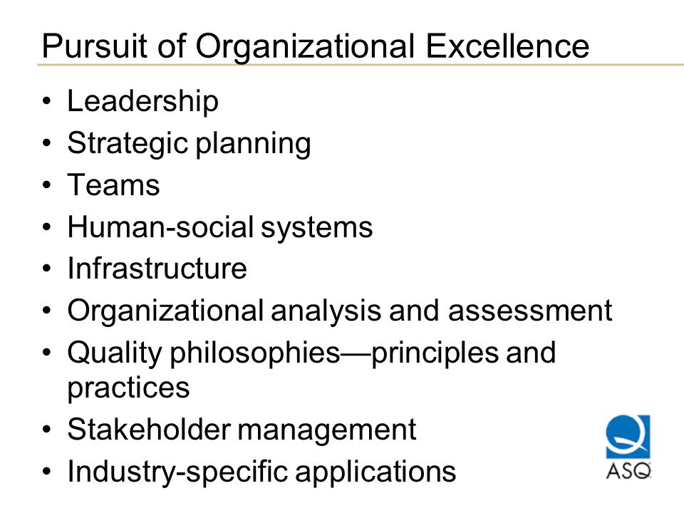 Pursuit of Organizational Excellence Leadership Strategic planning Teams Human-social systems Infrastructure Organizational analysis and assessment Quality philosophies—principles and practices Stakeholder management Industry-specific applications