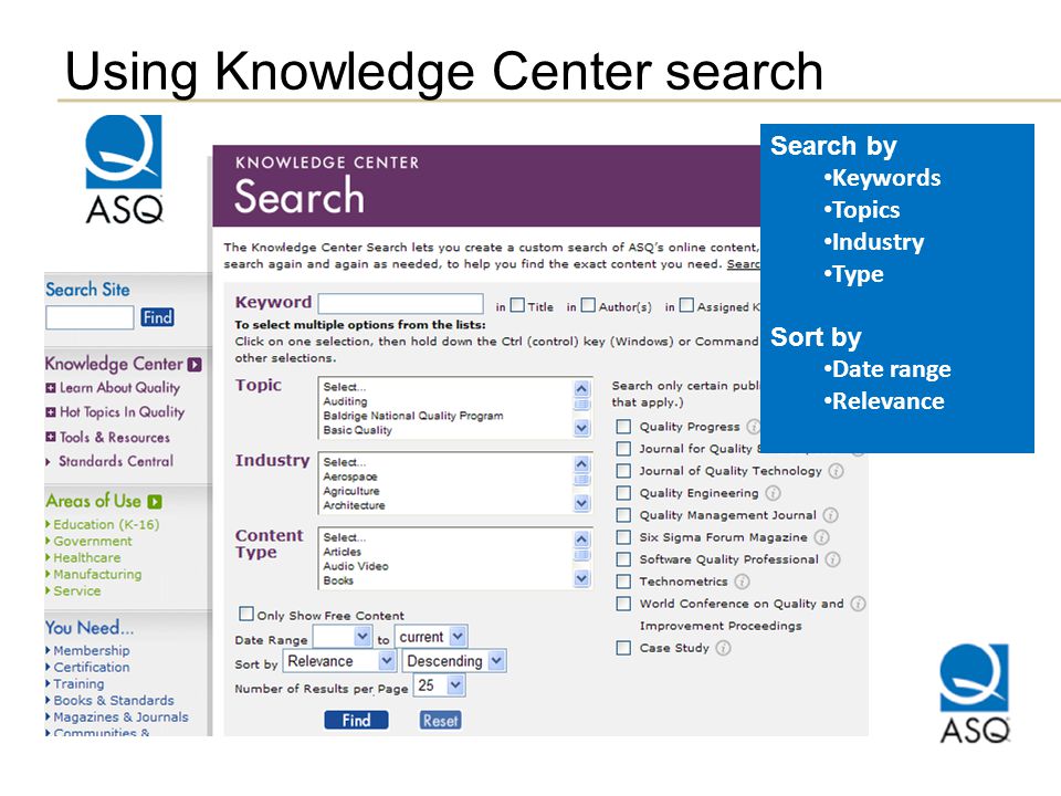 Using Knowledge Center search Search by Keywords Topics Industry Type Sort by Date range Relevance
