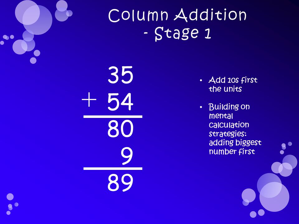 Add 10s first the units Building on mental calculation strategies: adding biggest number first