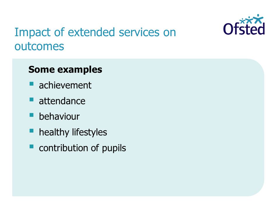 Impact of extended services on outcomes Some examples  achievement  attendance  behaviour  healthy lifestyles  contribution of pupils