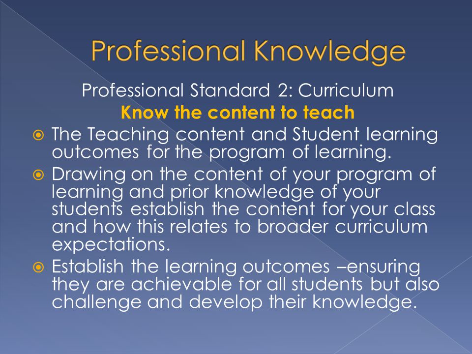 Professional Standard 2: Curriculum Know the content to teach  The Teaching content and Student learning outcomes for the program of learning.
