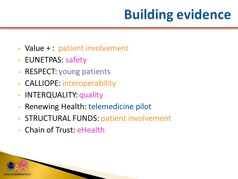 Value + : patient involvement EUNETPAS: safety RESPECT: young patients CALLIOPE: interoperability INTERQUALITY: quality Renewing Health: telemedicine pilot STRUCTURAL FUNDS: patient involvement Chain of Trust: eHealth